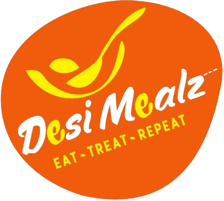 Logo of Desi Mealz with an orange background and yellow spoon icon.